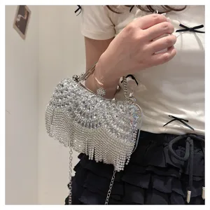Detailed shot of a shimmering silver rhinestone evening bag with elegant tassel fringe