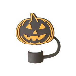 Silicone Halloween pumpkin straw topper dust cover for 10mm straws, cute cartoon design