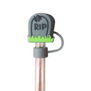 Detailed view of Halloween tombstone silicone straw topper dust cap for 10mm straws