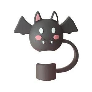 Close-up of cute black silicone bat straw topper for Halloween theme