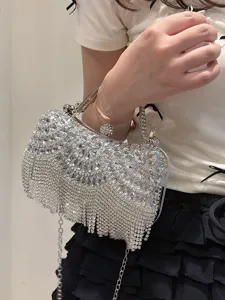 Elegant silver rhinestone evening bag with luxury fringe tassels and metal chain strap for party