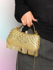 Elegant gold rhinestone evening clutch bag with fringe tassels and a detachable chain strap