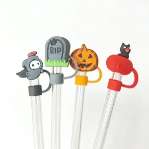 Halloween silicone straw covers set featuring cute pumpkin ghost and tombstone designs 10mm
