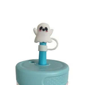 Cute white ghost silicone straw topper for 10mm straws, Halloween themed dust-proof cap