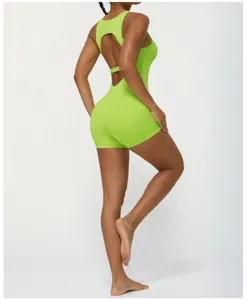 Tuta da yoga verde neon schiena scoperta, tutina sportiva fitness aderente donna.