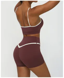 Contrast color yoga set fitness activewear breathable nude feel sports bra high waist shorts