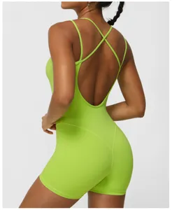 Combinaison de yoga dos nu à bretelles croisées pour femme, romper fitness près du corps.