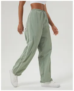 Casual drawstring cargo pants with white contrast piping straight leg sports trousers for women