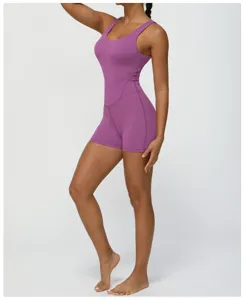 Damen V-Ausschnitt breiter Träger einteiliger Yoga Jumpsuit, figurbetonter Sport Body.
