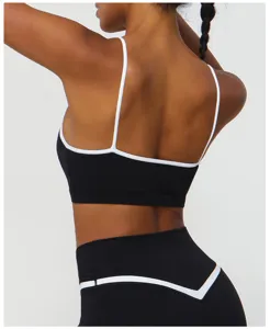 Gros plan sur le soutien-gorge de sport à bretelles contrastées, montrant le design du dos.