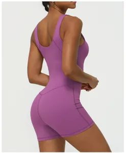 Damen ärmelloser Fitness Jumpsuit, V-Ausschnitt Yoga Romper mit Bauchkontrolle und Po-Lift.