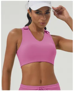 Top court de fitness rose pour femme avec col à revers vêtement de sport soutien-gorge de yoga