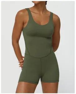 Olivgrüner breiter Träger V-Ausschnitt einteiliger Yoga Jumpsuit figurformender Fitness Body