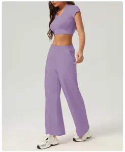 Ensemble femme jogging ample violet et top court, pantalon de sport taille haute fitness yoga.