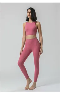 Damen rosa Yoga Set Crop Top hochgebundene Leggings Fitness Sport Outfit Trainingsbekleidung