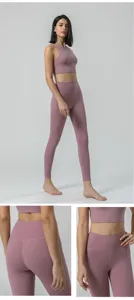 Detailansicht von Damen High-Waist Yoga Leggings und Crop Top Fitness Sportbekleidung.