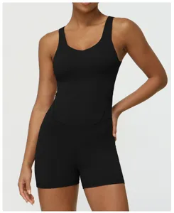 Schwarzer einteiliger Yoga Jumpsuit V-Ausschnitt breite Träger Sportbekleidung Formung