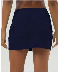 Details des dunkelblauen Damen Sportrocks, High Waist Fitness Tennis Skort mit Tasche.