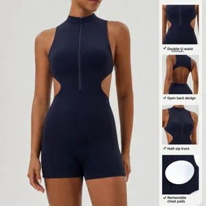 Combinaison de yoga sans manches avec demi-fermeture éclair et découpe sexy à la taille.