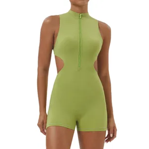 Combinaison de yoga sans manches, barboteuse de fitness zippée avec taille découpée.