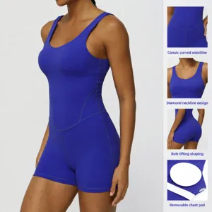 Damen Einteiliger Yoga Romper Breiter Träger V-Ausschnitt Slimming Sport Jumpsuit
