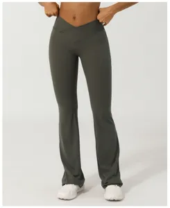 Detailansicht Damen Kreuzbund V-Taille Schlaghose, elastische Yoga Fitness Freizeithose.