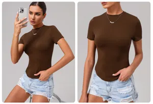 Detailed view of women brown slim fit short sleeve t-shirt, casual ribbed top design.