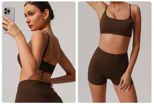 Set reggiseno sportivo e pantaloncini da yoga marroni da donna, top fitness per allenamento.