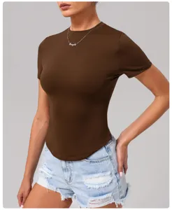 Close-up detail view of the solid color slim-fit short sleeve crewneck t-shirt in brown.