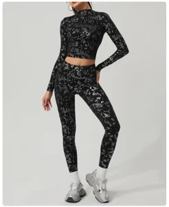 Silver stamping yoga set women long sleeve crop top and high waist leggings for running fitness