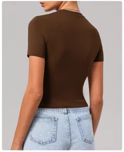 Women's Brown Fitted Short Sleeve T-Shirt Crew Neck Casual Basic Slim Top for Summer