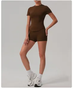 Brown athletic short sleeve top and shorts set for women yoga running fitness detail