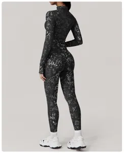 Silver foil print activewear set, long sleeve yoga top and high waist leggings for fitness workout.