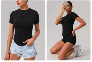 Women's black short sleeve slim fit crew neck t-shirt casual sports fitness top apparel