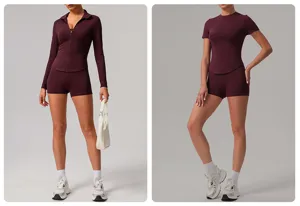 Shorts de yoga sans couture taille haute et haut de sport assorti, détail fitness rouge cerise.