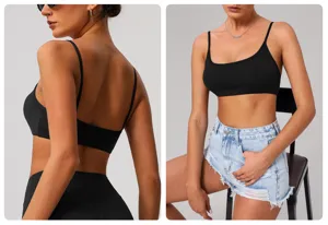Top crop reggiseno sportivo nero con spalline sottili per yoga, fitness e allenamento.