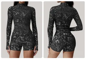 Women's silver foil long sleeve zip yoga jacket and athletic shorts set for fitness running.
