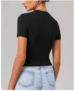 Detailed back view of women's black short sleeve slim fit athletic t-shirt and casual top.