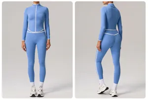 Women quick dry high waist sports set athletic yoga wear fitness running suit blue
