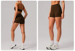 Vue détaillée de short de yoga taille haute et soutien-gorge de sport pour fitness.