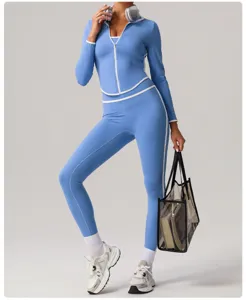 Light blue activewear set with zip jacket and high-waist leggings for daily workouts.