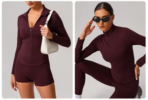 Details der Damen Reißverschluss Sport Yoga Jacke mit passender Hose in elegantem Weinrot.