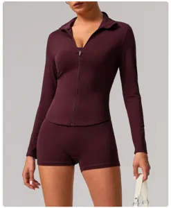 Damen langarm Reißverschluss Yoga Jacke und passende Shorts Fitness Sportbekleidung Set