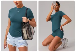 Women's casual sports short sleeve fitness yoga t-shirt crew neck slim running athletic top
