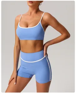 Women contrast bound active crop top and high waist fitness shorts athletic yoga set detail