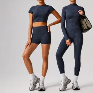 Women's Silver Foiling Yoga Set Long Sleeve Crop Top And Leggings Activewear Fitness Workout Gym Sportswear Outfit