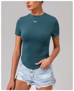 Fitted crewneck short sleeve t-shirt in dark teal for women casual daily sports wear.