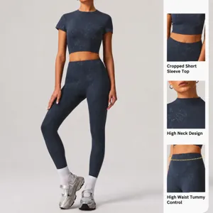 Women silver stamping yoga set short sleeve crop top and high waist leggings activewear