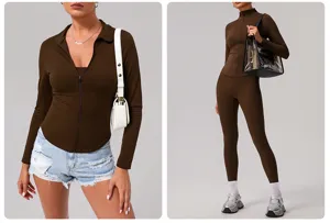 Damen figurbetonte langarm Reißverschluss Sportjacke und Yoga Oberteil in Braun.