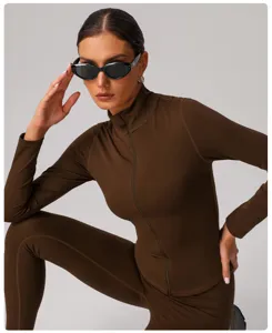 Einfarbige Stehkragen Reißverschluss Yoga Jacke langärmliges Sport Fitness Oberteil.